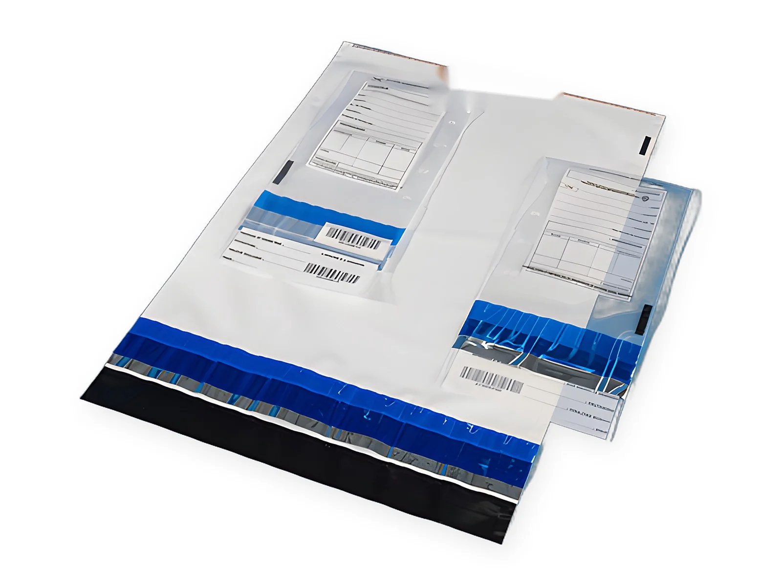 Deux enveloppes de sécurité, grande blanche et petite transparente, avec bordereau, code-barres et bande adhésive bleue